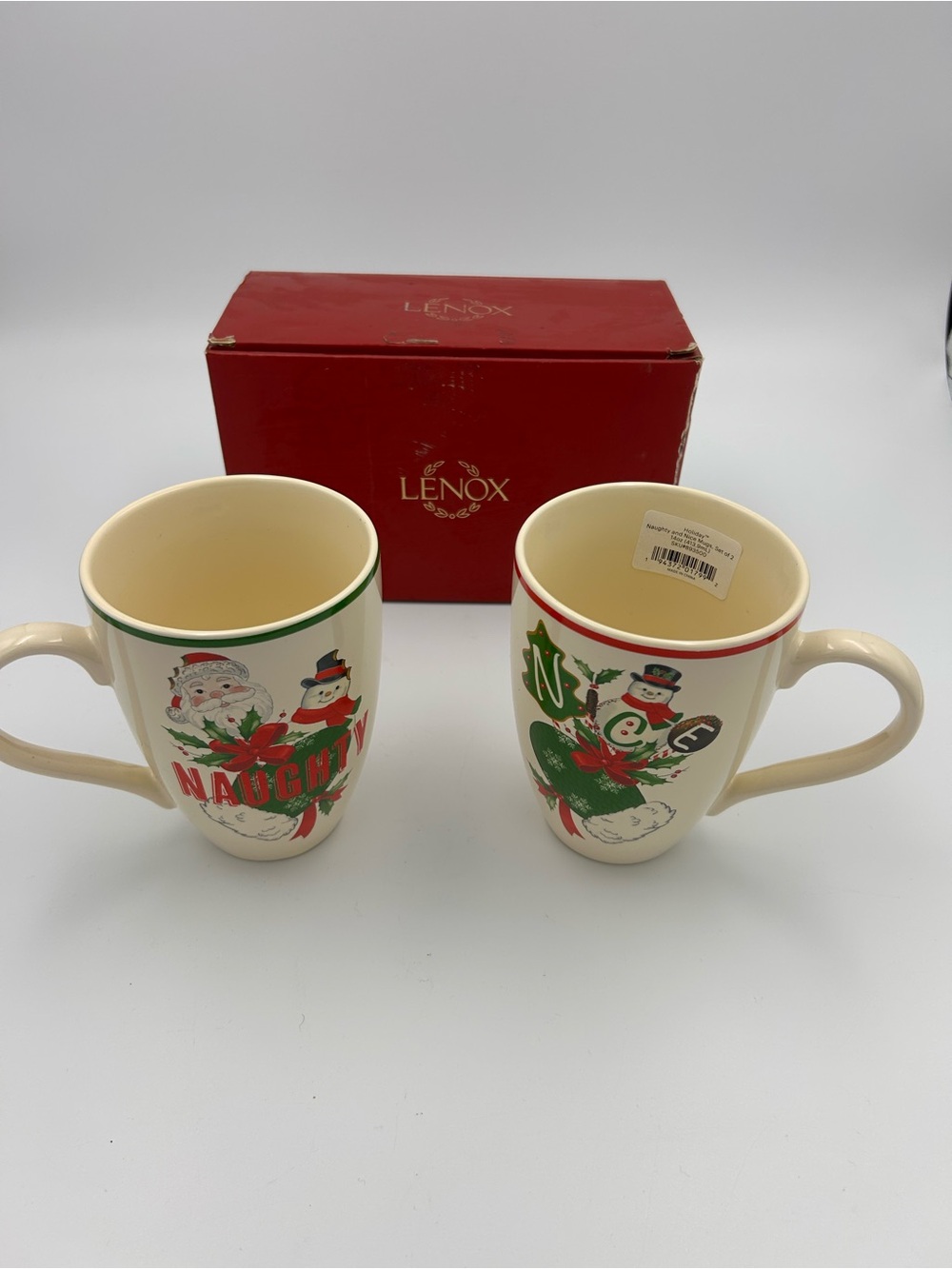 Lenox Cream Ceramic Holiday Mug Set with Red and Green Accents